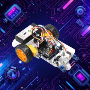 Fully assembled 2WD Alpha Module 3 IR Line Follower robot on a tech-themed circuit background